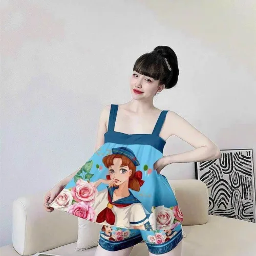 Đồ bộ quần dài áo dây hoạ tiết mặc nhà