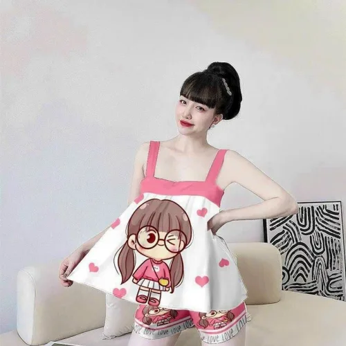 Đồ bộ quần dài áo dây hoạ tiết mặc nhà