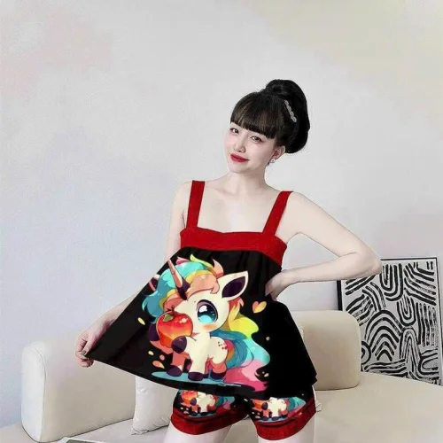 Đồ bộ quần dài áo dây hoạ tiết mặc nhà