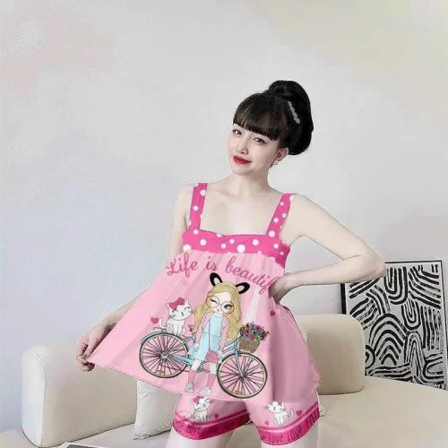 Đồ bộ quần dài áo dây hoạ tiết mặc nhà
