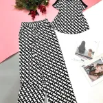 Đồ bộ quần dài áo dây hoạ tiết trắng đen