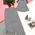 Đồ bộ quần dài áo dây hoạ tiết trắng đen