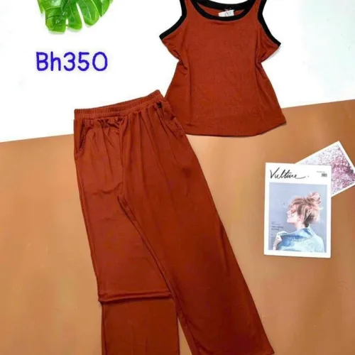 Đồ bộ quần dài áo dây màu trơn phối viền