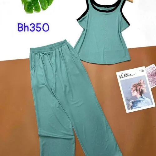 Đồ bộ quần dài áo dây màu trơn phối viền
