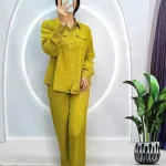 Đồ bộ quần dài áo sơ mi tay dài cổ bẻ màu trơn