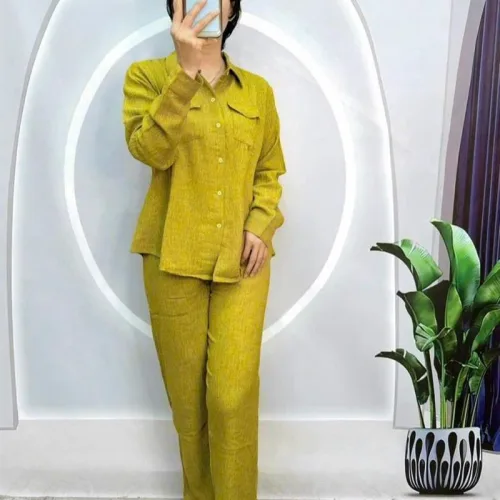 Đồ bộ quần dài áo sơ mi tay dài cổ bẻ màu trơn