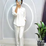 Đồ bộ quần dài áo sơ mi tay dài cổ bẻ màu trơn
