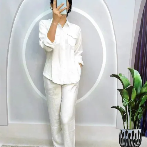 Đồ bộ quần dài áo sơ mi tay dài cổ bẻ màu trơn
