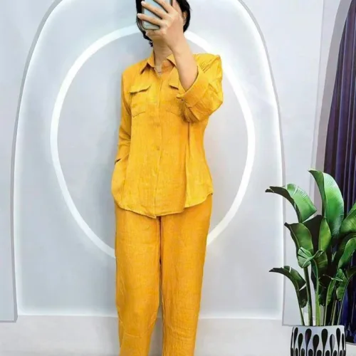 Đồ bộ quần dài áo sơ mi tay dài cổ bẻ màu trơn