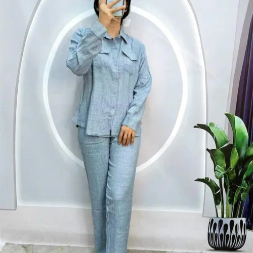 Đồ bộ quần dài áo sơ mi tay dài cổ bẻ màu trơn