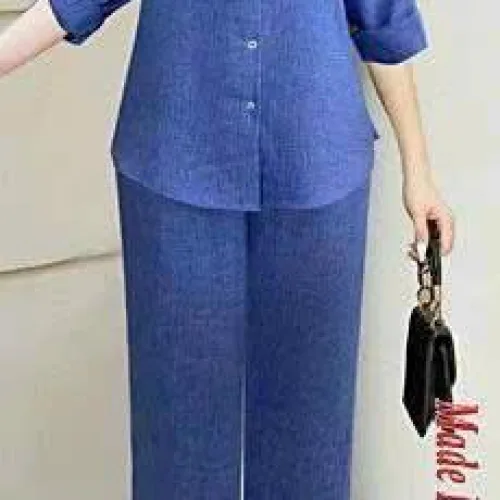 Đồ bộ quần dài áo sơ mi tay dài màu trơn