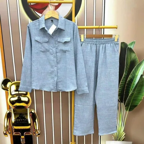 Đồ bộ quần dài áo sơ mi tay dài màu trơn