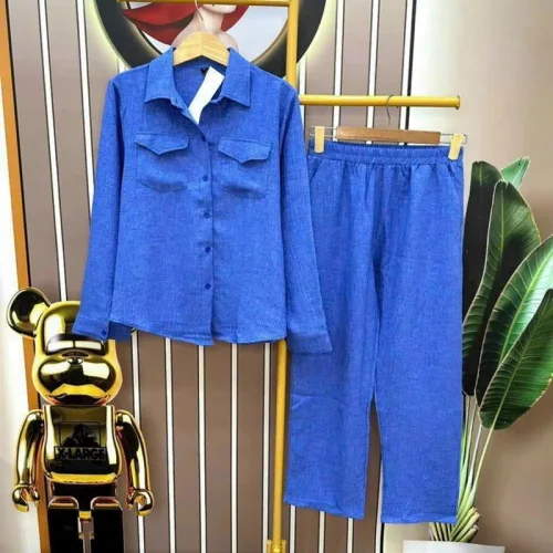 Đồ bộ quần dài áo sơ mi tay dài màu trơn