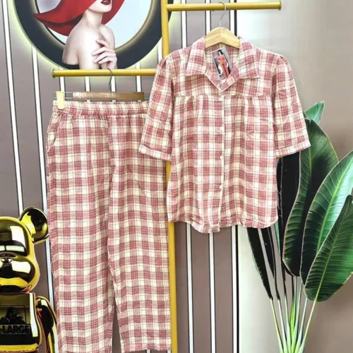 Đồ bộ quần dài áo sơ mi tay ngắn caro