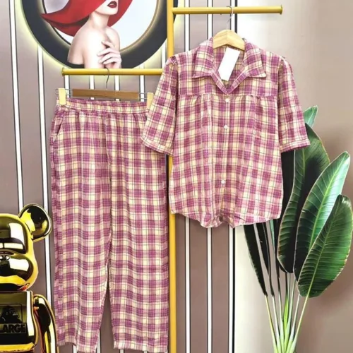 Đồ bộ quần dài áo sơ mi tay ngắn caro