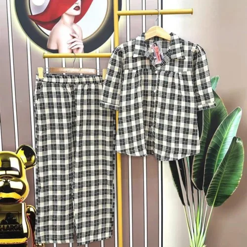 Đồ bộ quần dài áo sơ mi tay ngắn caro