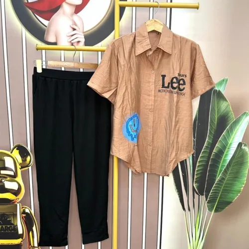 Đồ bộ quần dài áo sơ mi tay ngắn in chữ
