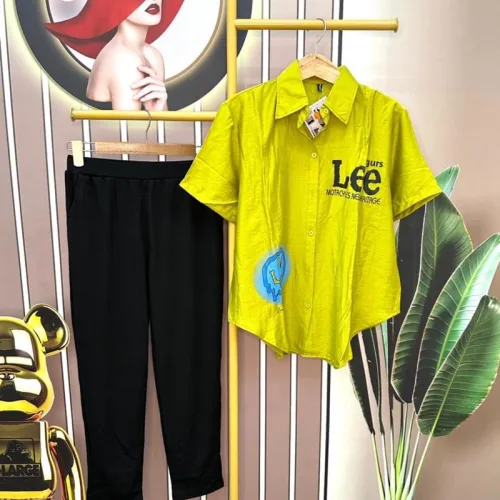 Đồ bộ quần dài áo sơ mi tay ngắn in chữ