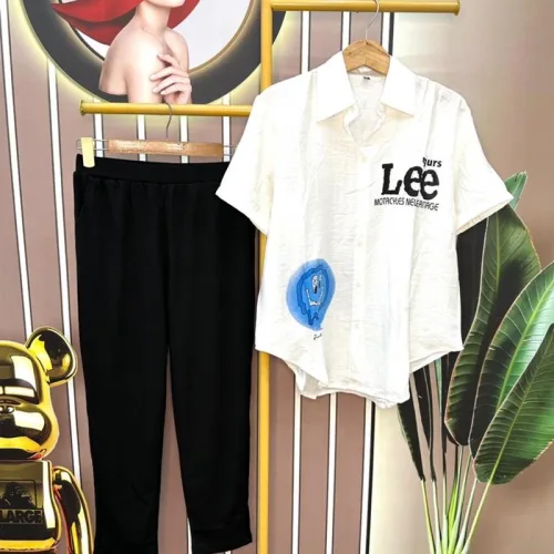 Đồ bộ quần dài áo sơ mi tay ngắn in chữ