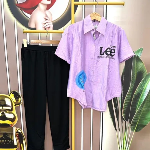 Đồ bộ quần dài áo sơ mi tay ngắn in chữ