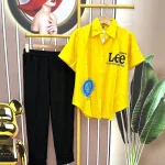 Đồ bộ quần dài áo sơ mi tay ngắn in chữ