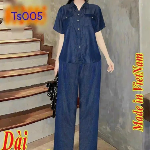 Đồ bộ quần dài áo sơ mi tay ngắn phối túi