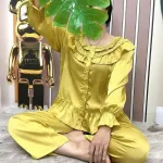 Đồ bộ quần dài áo tay dài bèo cổ tròn bèo màu trơn
