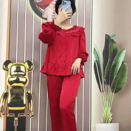 Đồ bộ quần dài áo tay dài bèo cổ tròn bèo màu trơn