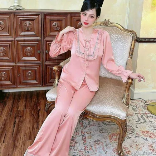 Đồ bộ quần dài áo tay dài bèo cổ v bèo màu trơn