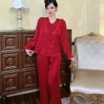 Đồ bộ quần dài áo tay dài bèo cổ v bèo màu trơn