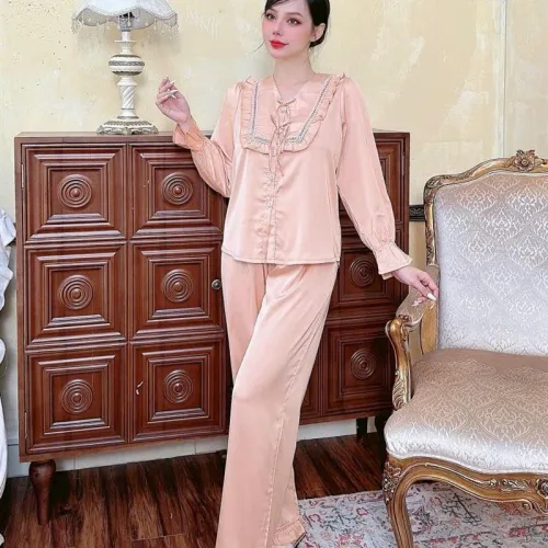 Đồ bộ quần dài áo tay dài bèo cổ v màu trơn