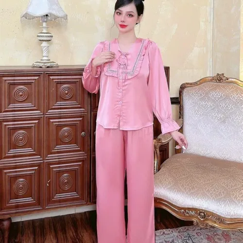 Đồ bộ quần dài áo tay dài bèo cổ v màu trơn