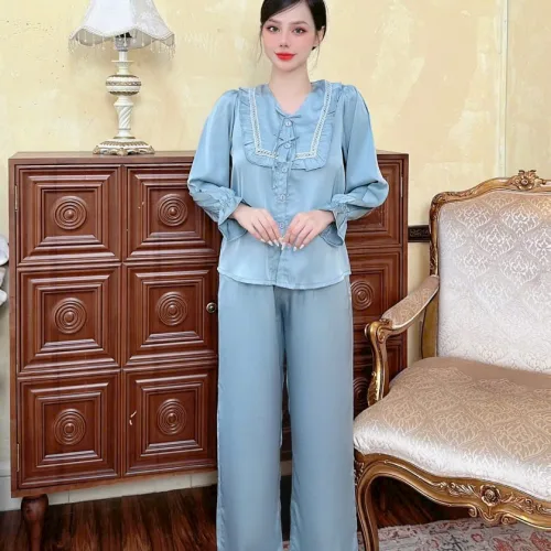 Đồ bộ quần dài áo tay dài bèo cổ v màu trơn
