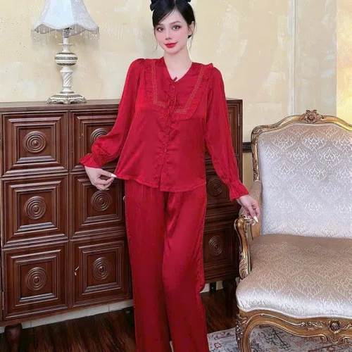 Đồ bộ quần dài áo tay dài bèo cổ v màu trơn