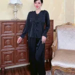 Đồ bộ quần dài áo tay dài bèo cổ v màu trơn