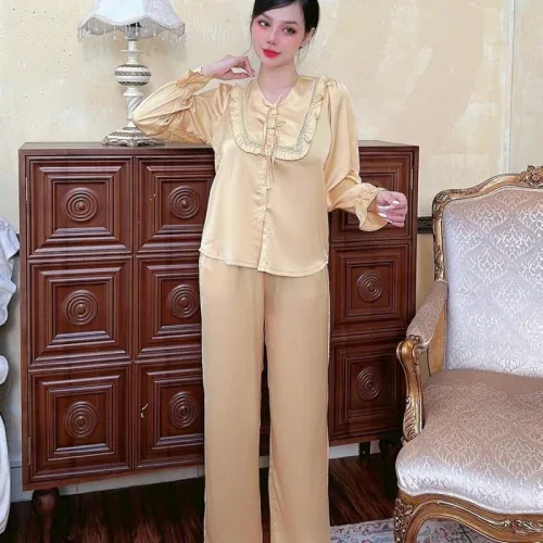 Đồ bộ quần dài áo tay dài bèo cổ v màu trơn
