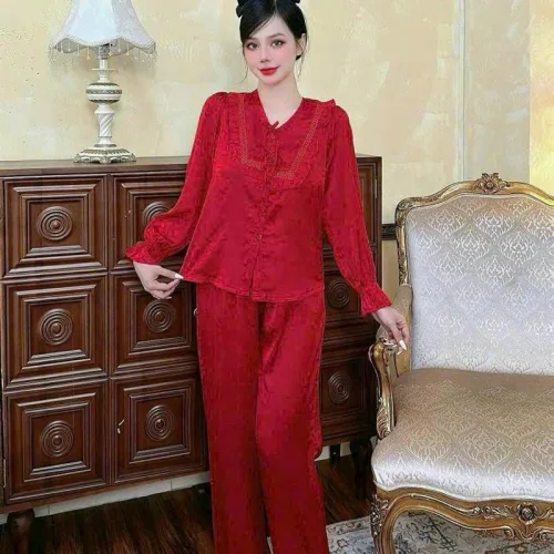 Đồ bộ quần dài áo tay dài bèo cổ vuông bèo màu trơn