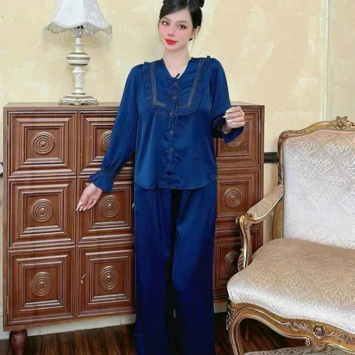 Đồ bộ quần dài áo tay dài bèo cổ vuông bèo màu trơn