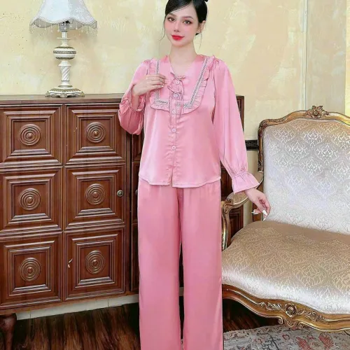 Đồ bộ quần dài áo tay dài bèo cổ vuông bèo màu trơn