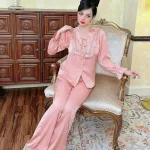 Đồ bộ quần dài áo tay dài bèo cổ vuông bèo màu trơn