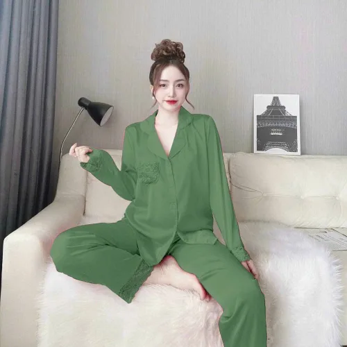 Đồ bộ quần dài áo tay dài cổ bẻ màu trơn