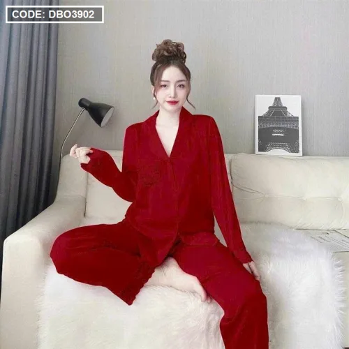 Đồ bộ quần dài áo tay dài cổ bẻ màu trơn