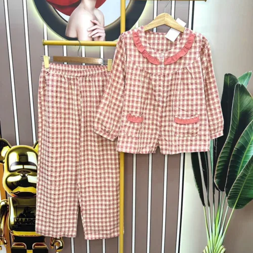 Đồ bộ quần dài áo tay dài cổ bèo caro