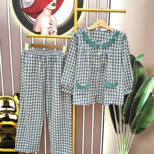 Đồ bộ quần dài áo tay dài cổ bèo caro