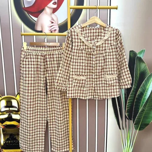 Đồ bộ quần dài áo tay dài cổ bèo caro
