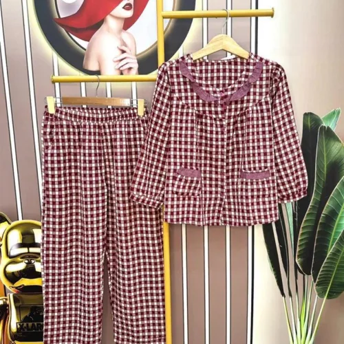 Đồ bộ quần dài áo tay dài cổ bèo caro