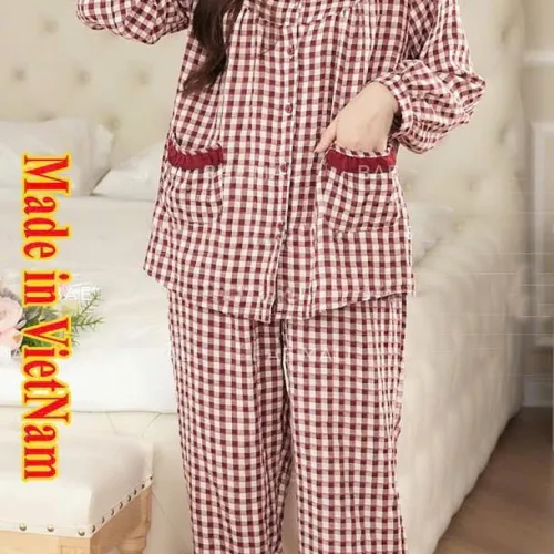 Đồ bộ quần dài áo tay dài cổ lá sen caro