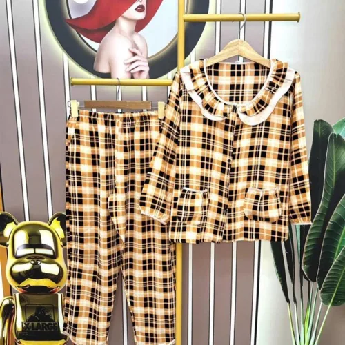 Đồ bộ quần dài áo tay dài cổ lá sen hoạ tiết