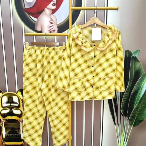 Đồ bộ quần dài áo tay dài cổ lá sen hoạ tiết