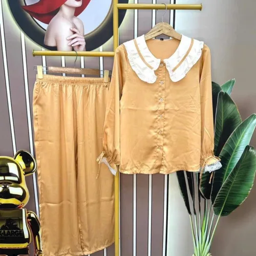 Đồ bộ quần dài áo tay dài cổ lá sen màu trơn